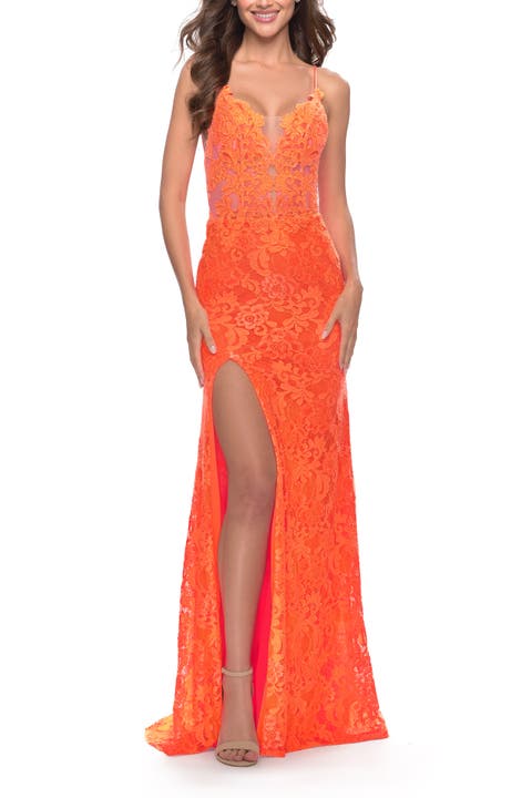 Stretch Lace Prom Dress in Neon Pink