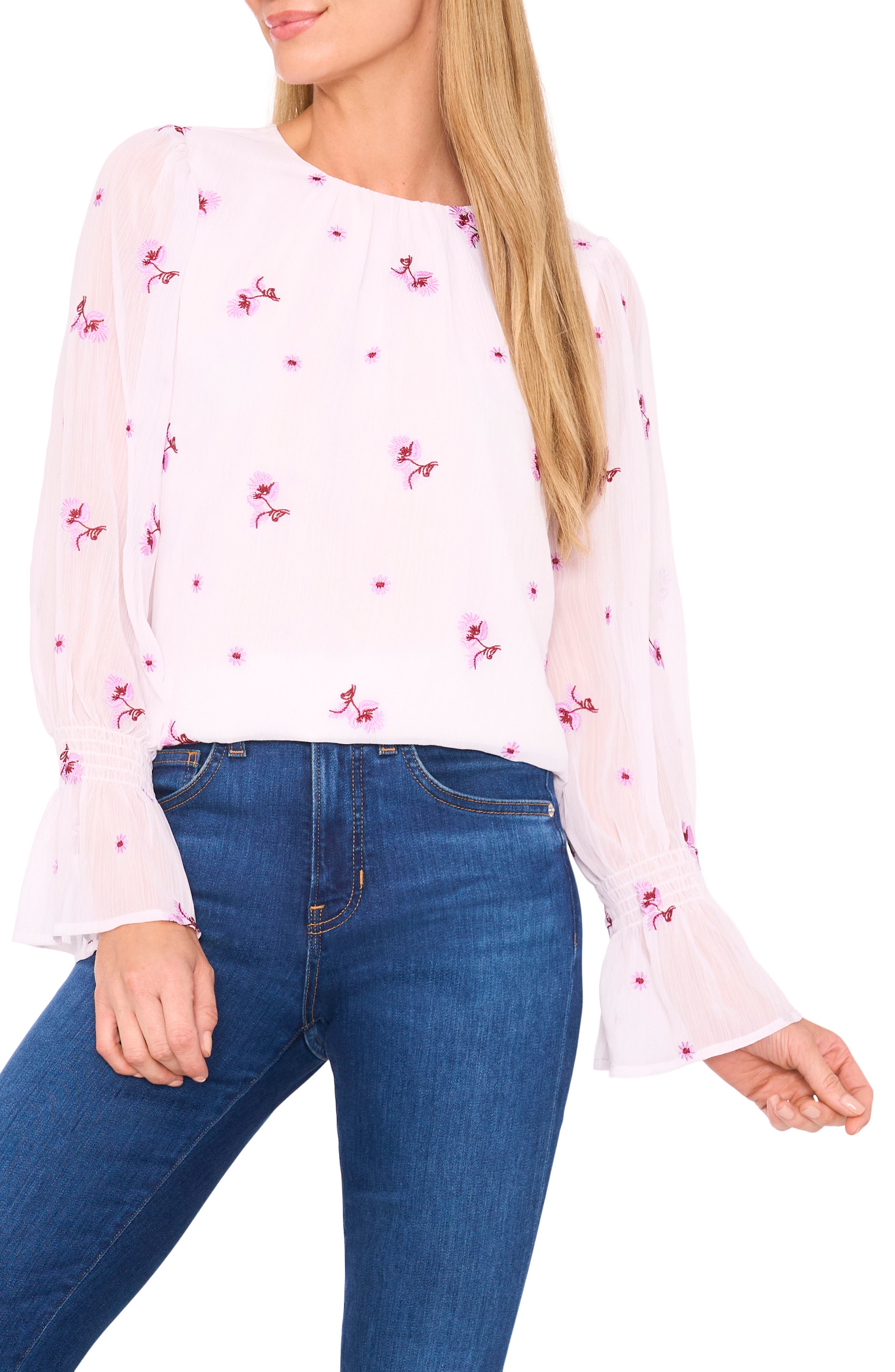 CeCe Embroidered Floral Long Sleeve Ruffle Cuff Georgette Top in New Ivory 