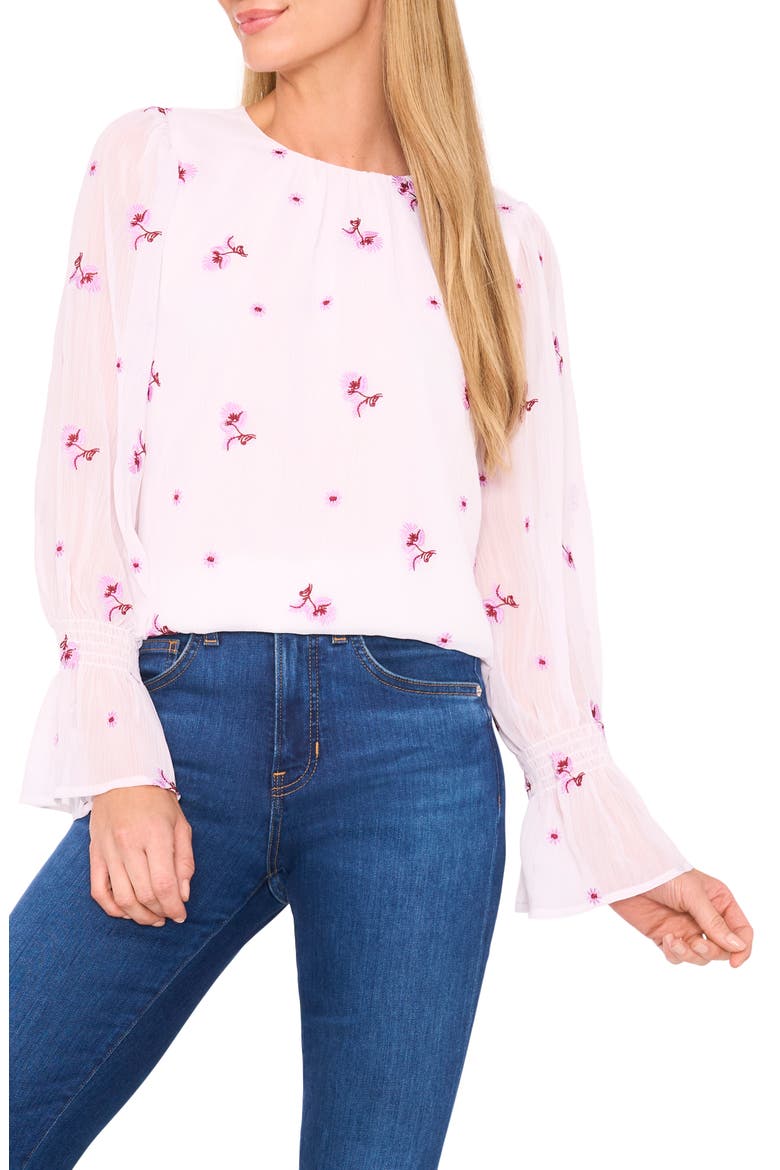 Embroidered Floral Long Sleeve Ruffle Cuff Georgette Top, Main, color, NEW IVORY