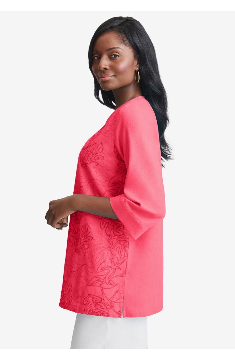 Jessica London Linen V-Neck Embroidered Tunic, Alternate, color, Olive Green Leaf Embroidery