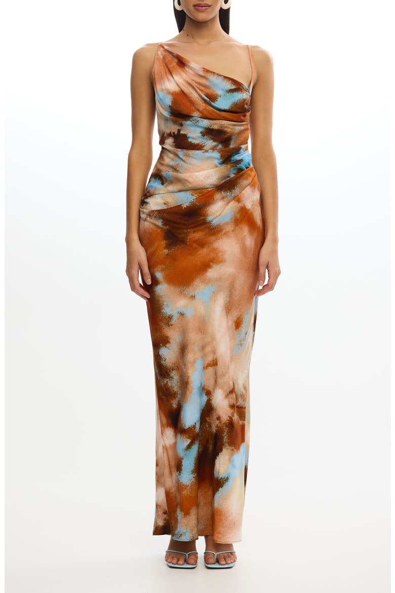 rhode dress Lulani in Aura Blossom Premium scuba crepe Rhode Abstract Asymmetric Neck Gown