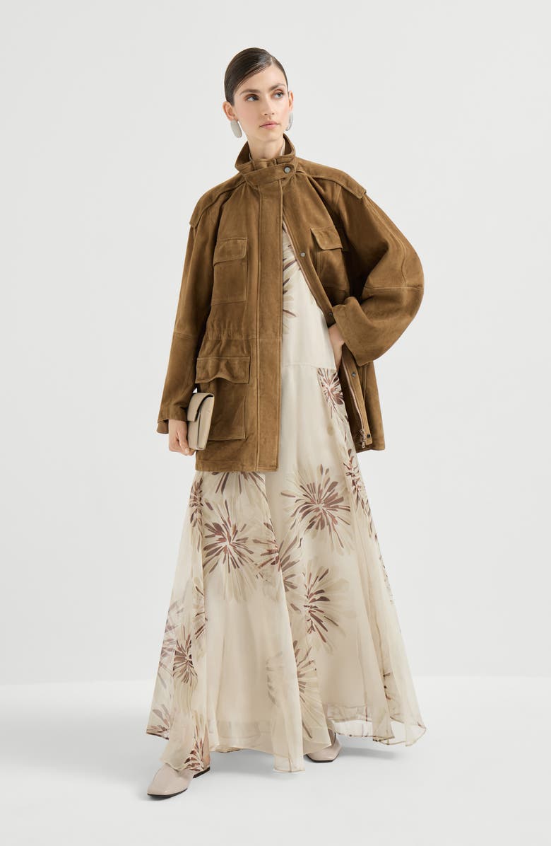 Brunello Cucinelli Bloom print organza dress, Alternate, color, Beige