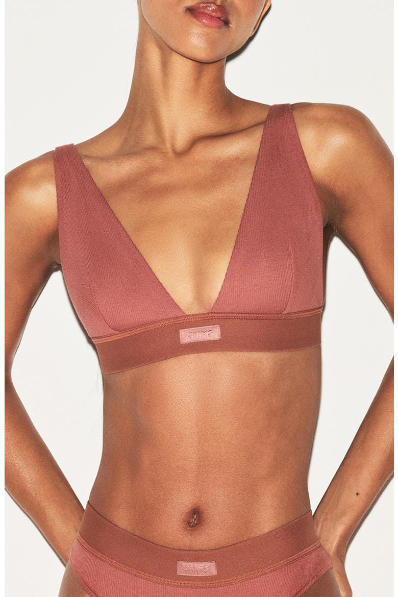Stretch Cotton Rib Plunge Bralette, Main, color, REDWOOD
