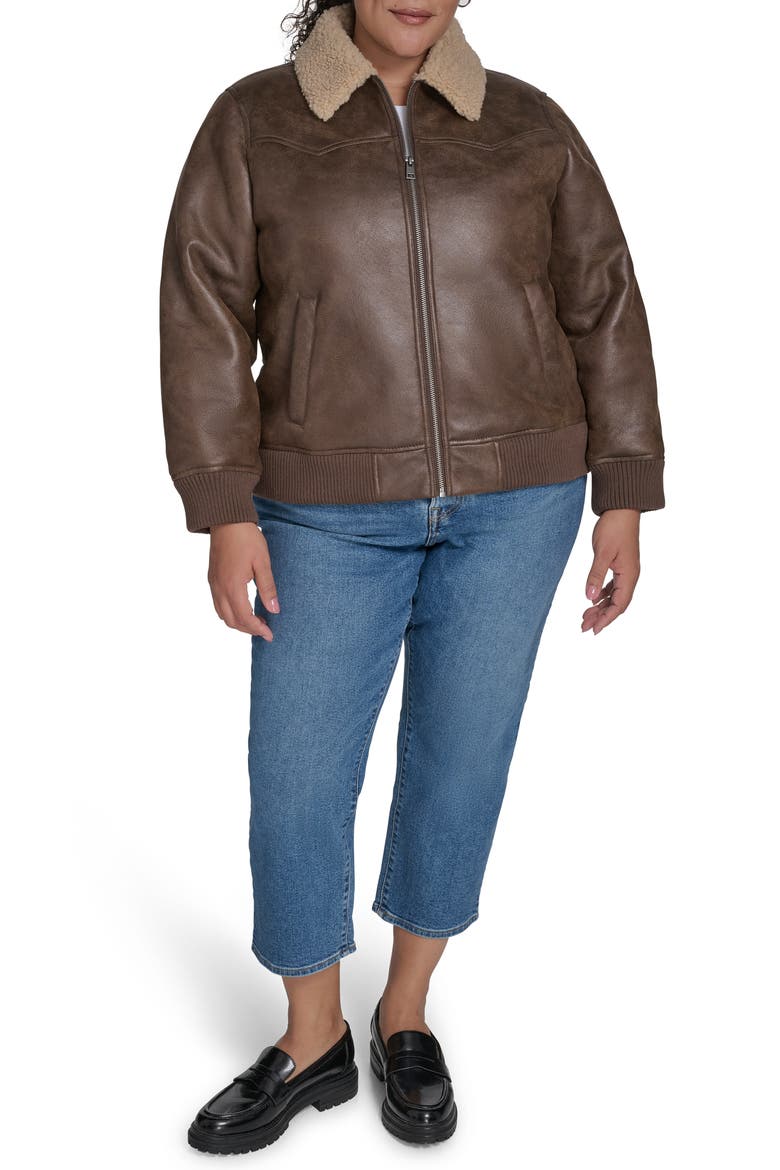 Faux Shearling Trim Faux Leather Western Bomber Jacket, Alternate, color, COFFEE