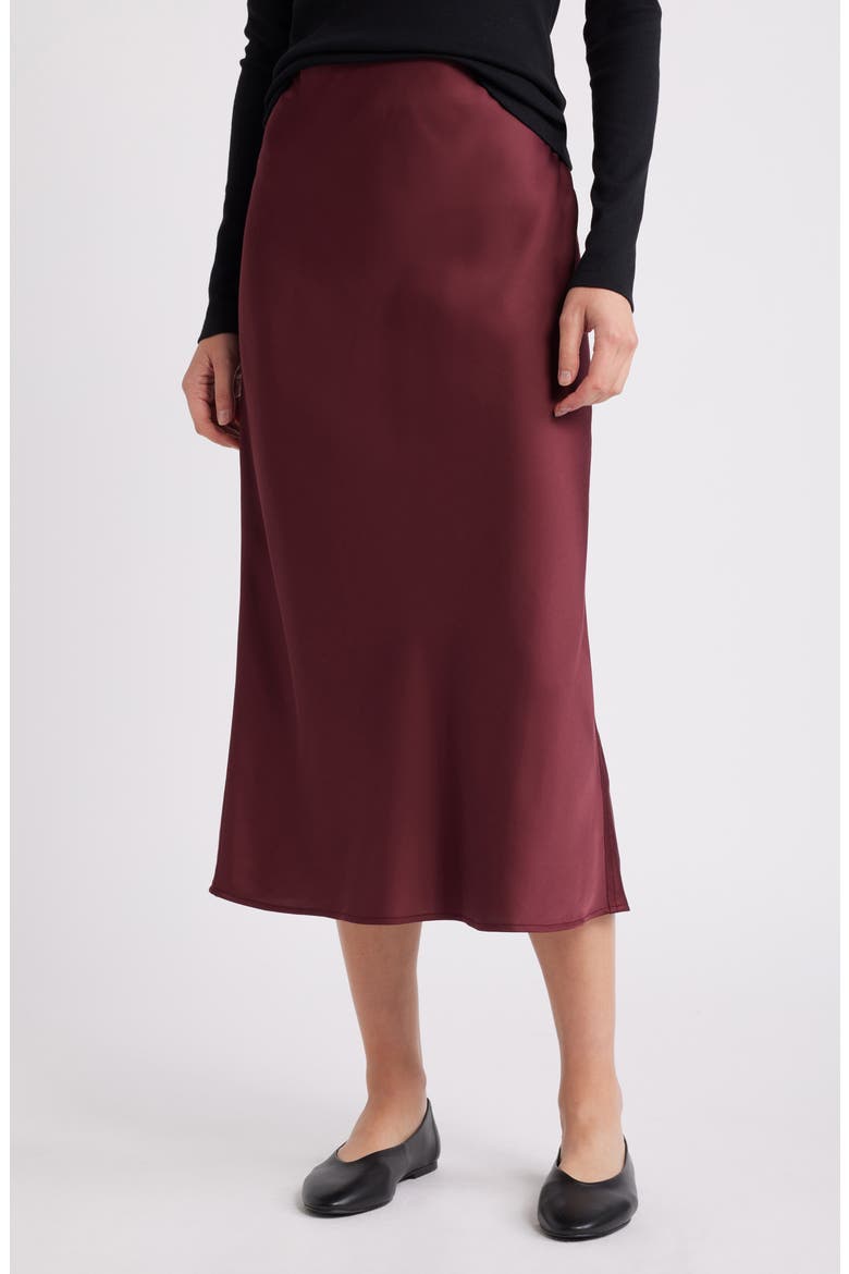 Bias Cut Satin Midi Skirt, Main, color, BURGUNDY TANNIN
