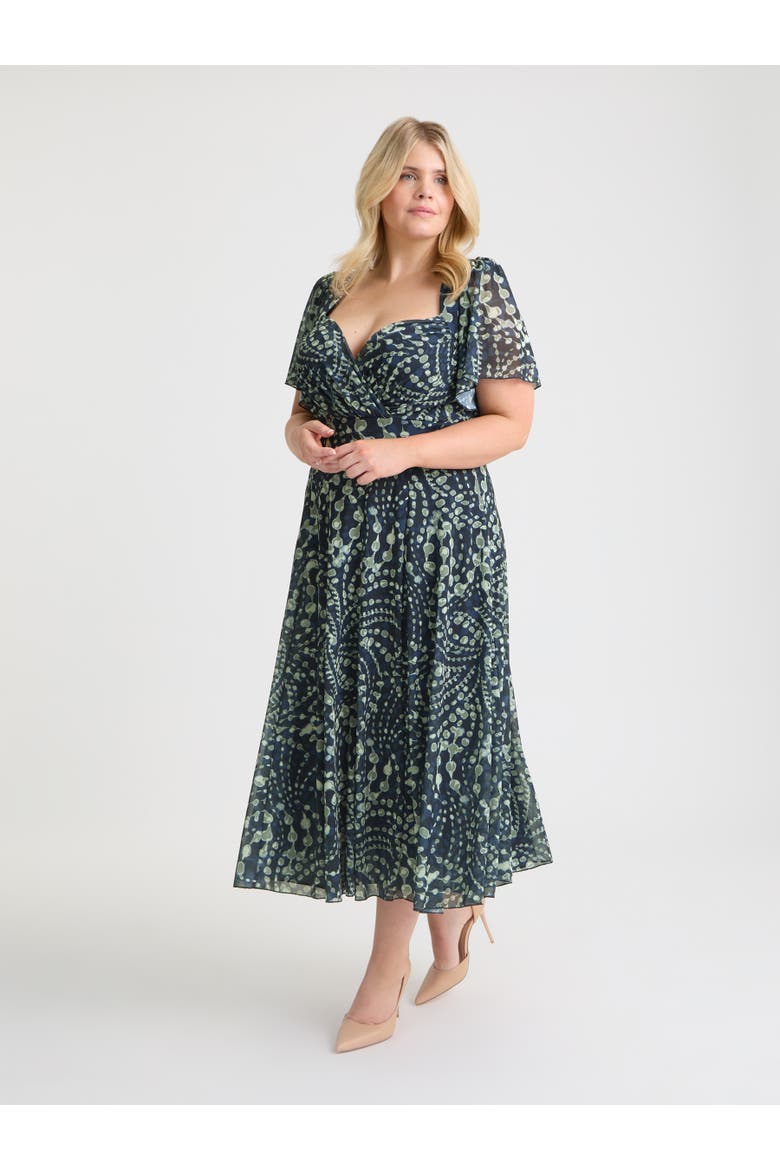Liz Printed Wrap Bodice Midi Dress, Main, color, Navy Cream