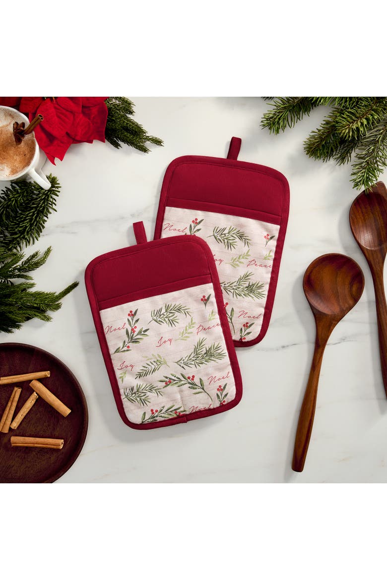 Holiday Tree Trimmings  Pot Holders, Set of 2, Red - 7"W x 10"L, Alternate, color, Red