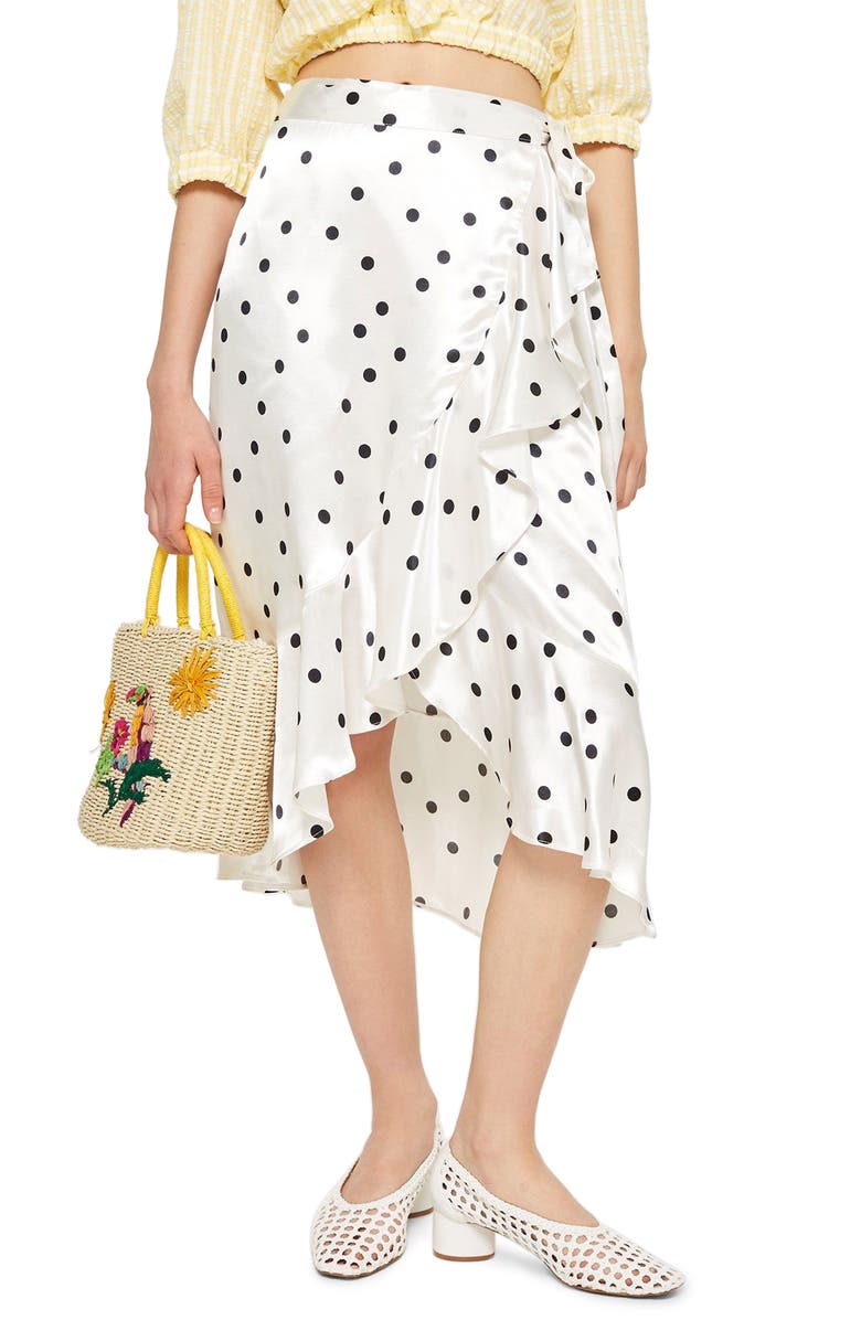 Topshop Satin Spot Ruffle Skirt, Main, color, 