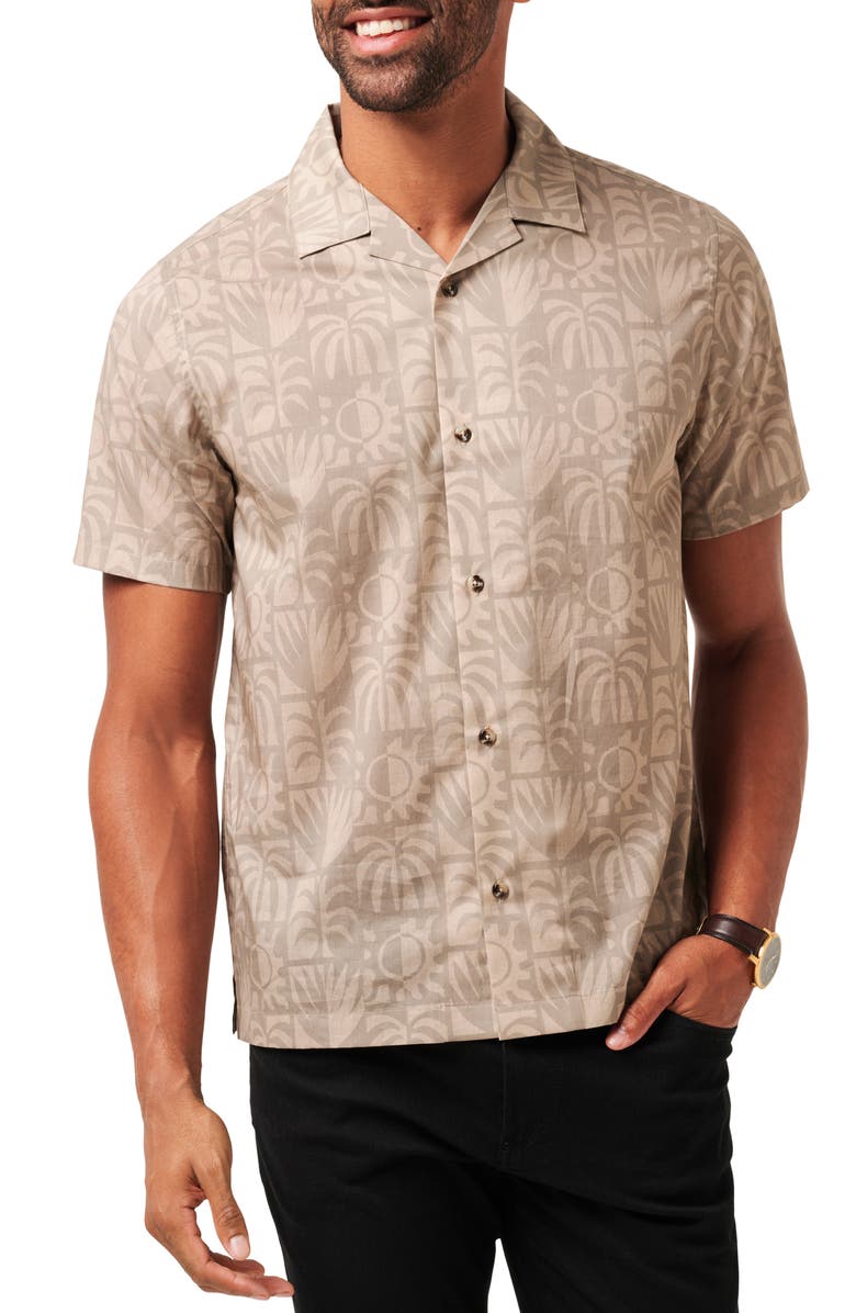 TravisMathew Desert Sun Short Sleeve Cotton Blend Button-Up Shirt, Main, color, Italian Sand