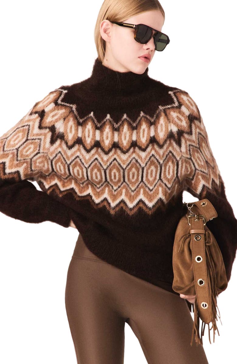 maje Fair Isle high-neck sweater, Main, color, Dark Brown