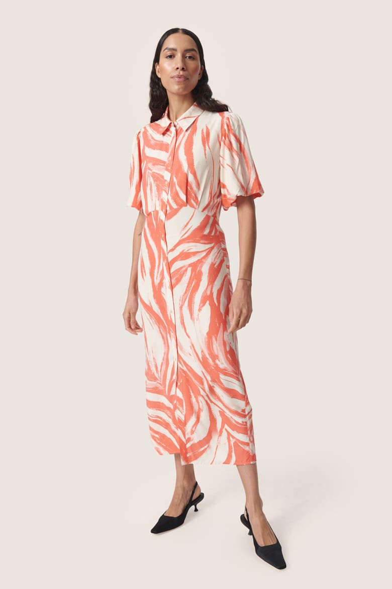Wynter Midi Half Sleeve Shirt Dress, Alternate, color, Hot Coral Wave