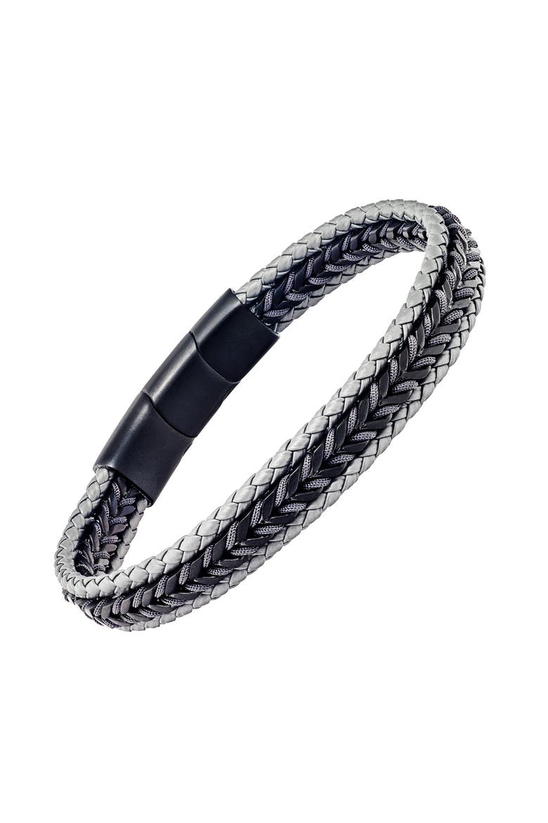 Woven Leather And Stainless Steel Bracelet, Main, color, BLACK/GREY