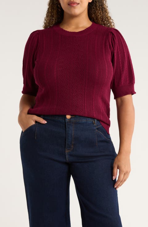 Pointelle Elbow Sleeve Sweater (Plus)