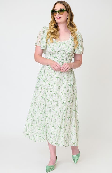 Short Puff Sleeve Sweetheart Neck Godet Midi Dress