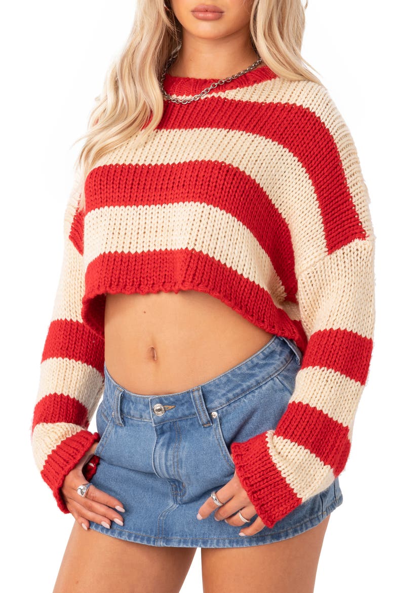 Ozzy Stripe Crop Sweater, Alternate, color, RED