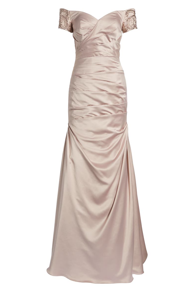 Off the Shoulder Beaded Satin Trumpet Gown, Alternate, color, CHAMPAGNE