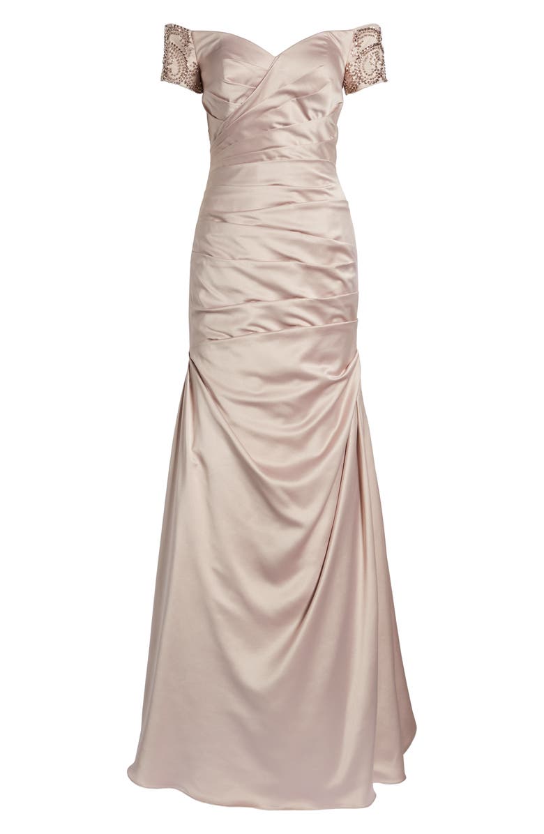La Femme Off the Shoulder Beaded Satin Trumpet Gown, Alternate, color, Champagne