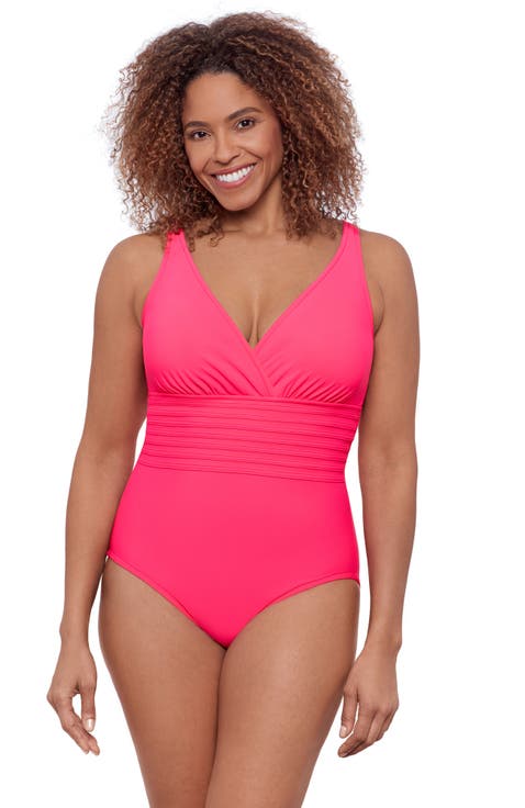 Full Coverage Surplice Trim Overlay V-Neck One-Piece Swimsuit