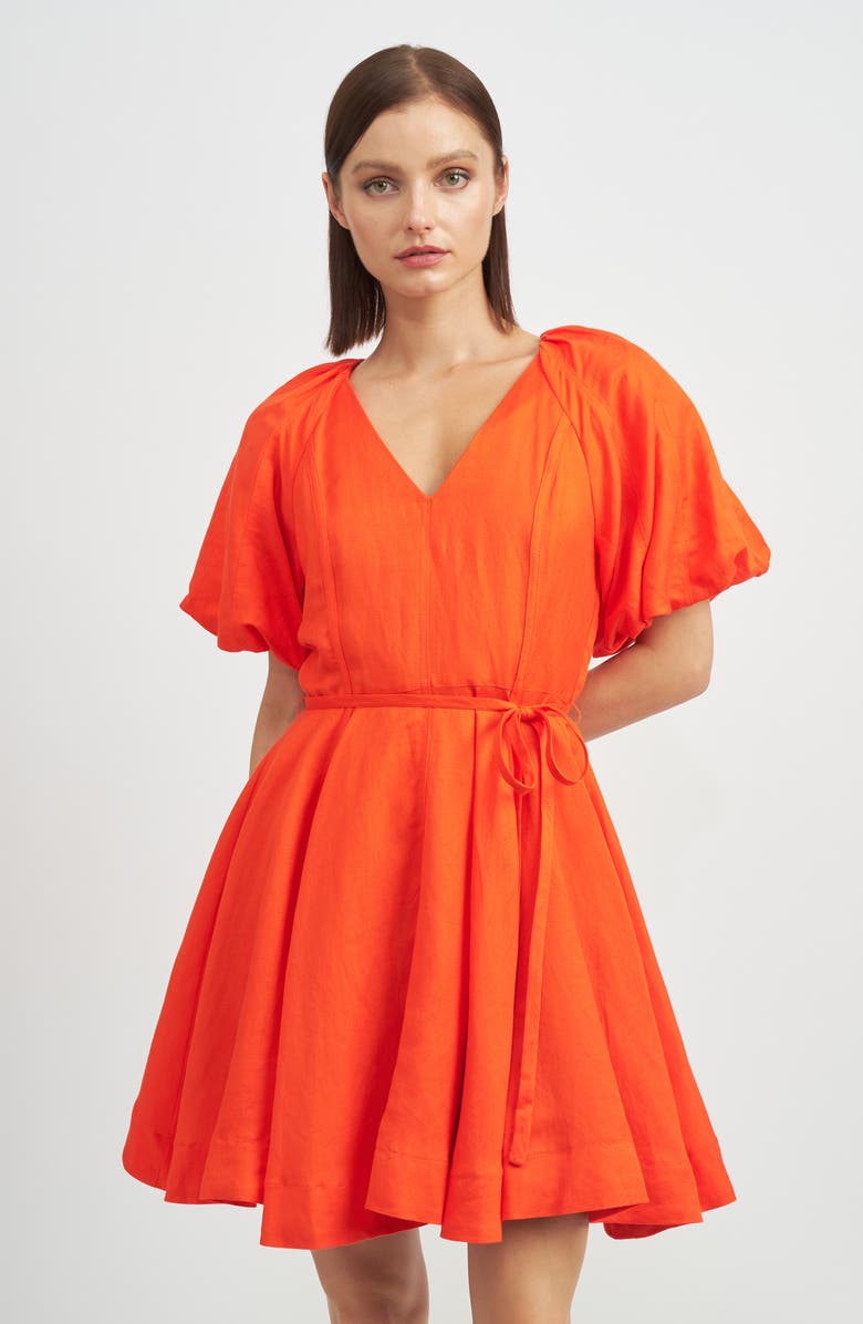 En Saison Sonnet Puff Sleeve Linen Blend Minidress, Alternate, color, Tomato Red