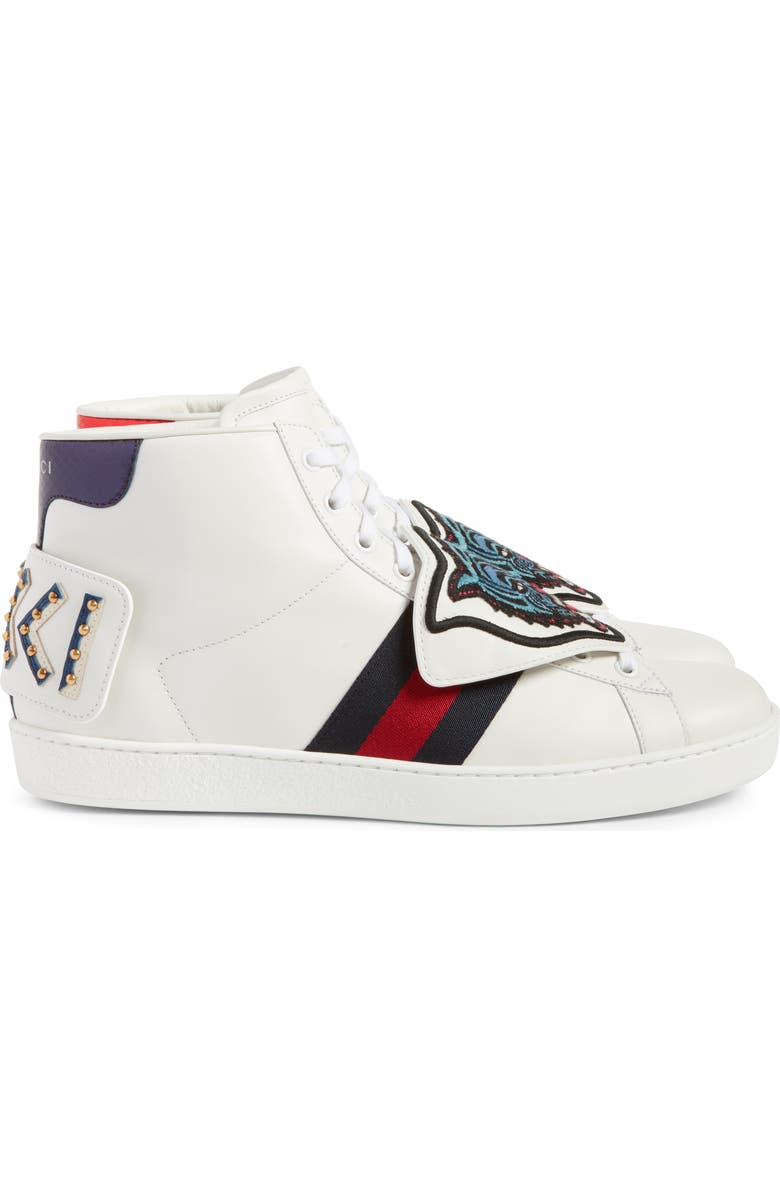 Gucci New Ace Jaguar Embroidered Patch High Top Sneaker, Alternate, color,
