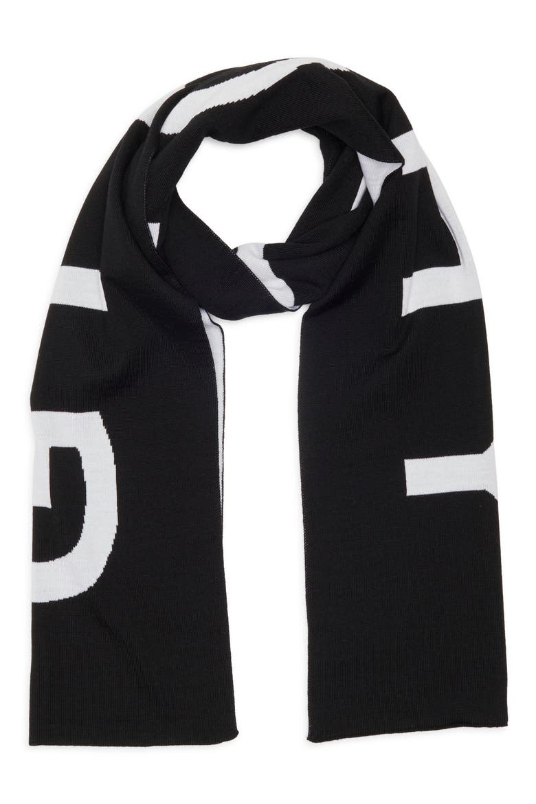 Intarsia Logo Wool Scarf, Main, color, BLACK WHITE