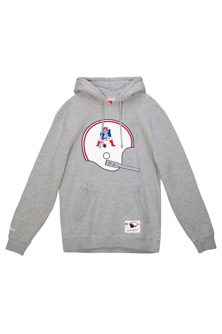 Men's Mitchell & Ness Heather Gray New England Patriots Helmet Logo Vintage Pullover Hoodie, Alternate, color, Heather Gray