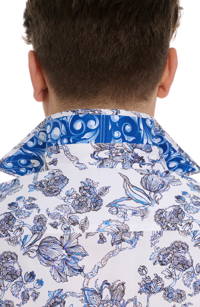 Robert Graham Sea Bloom Floral Stretch Cotton Button-Up Shirt, Alternate, color, Blue/ White