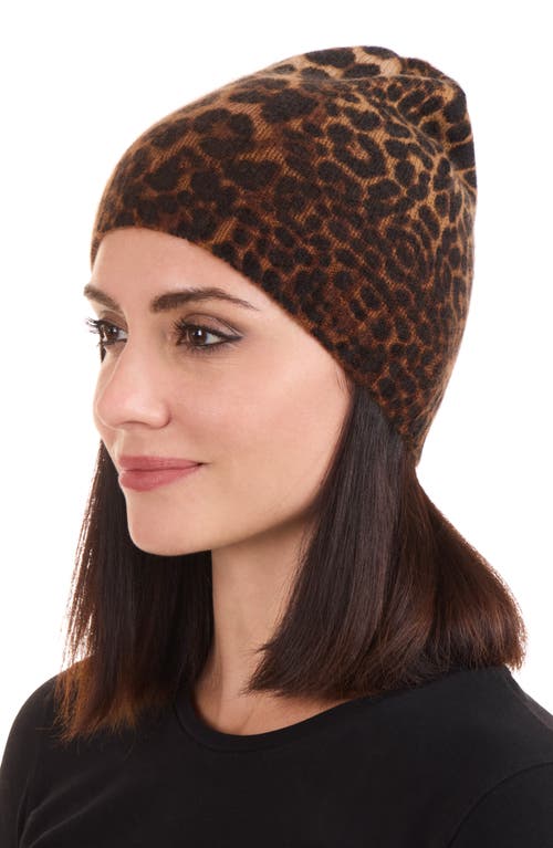 Amicale Cheetah Print Cashmere Knit Beanie In Brown