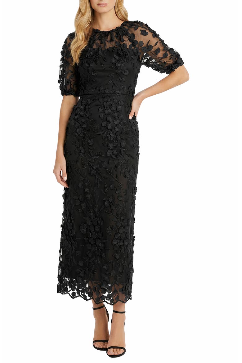 Illusion Floral Appliqué Gown, Main, color, BLACK