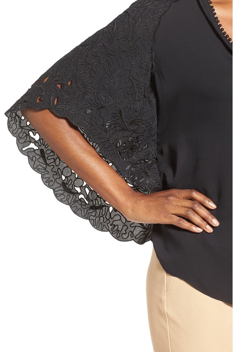 'Marielle' Eyelet Embroidered Silk Butterfly Sleeve Blouse, Alternate, color, BLACK