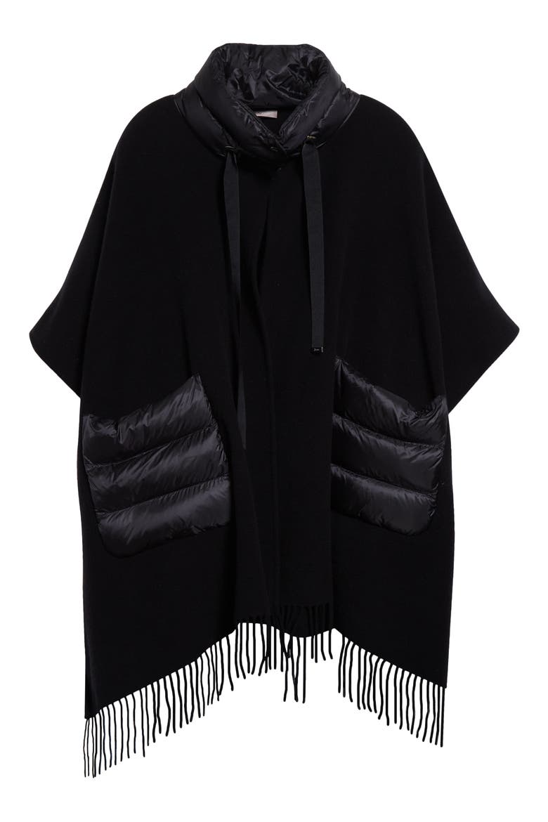 Mixed Media Fringe Trim Poncho, Alternate, color, BLACK