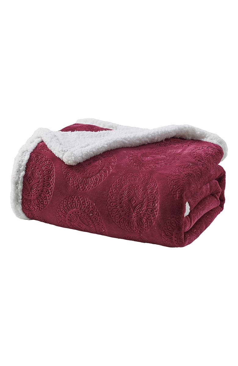 Luxury Home Embossed Caesar Faux Shearling Throw Blanket, Main, color, Burgundy