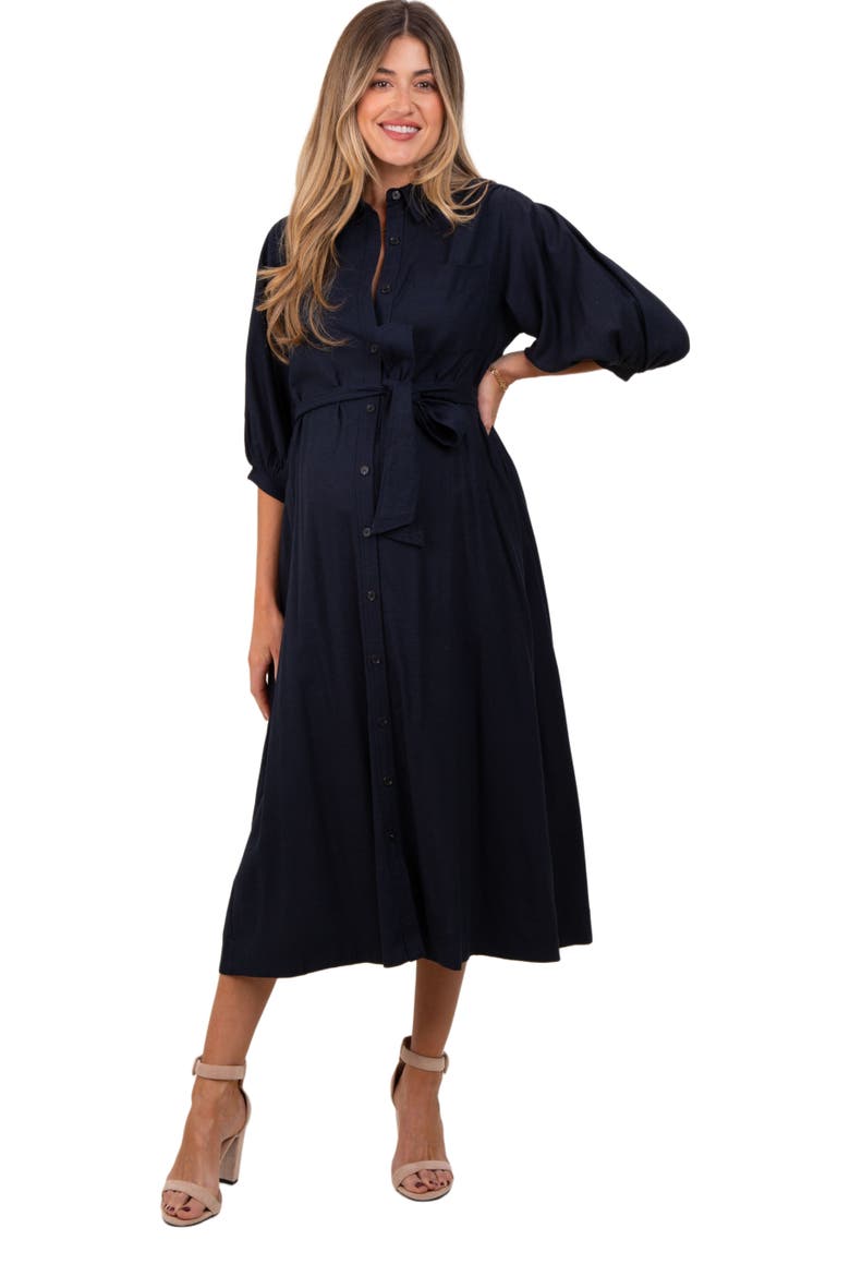 3/4 Bubble Sleeve Midi Shirt Dress, Alternate, color, Navy Blue