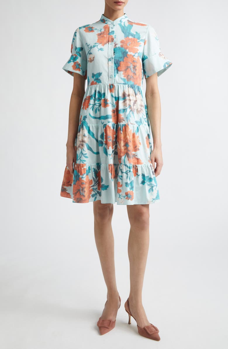 Erdem Floral Print Tiered Cotton Dress, Main, color, Trailing Poppy Dream Blue