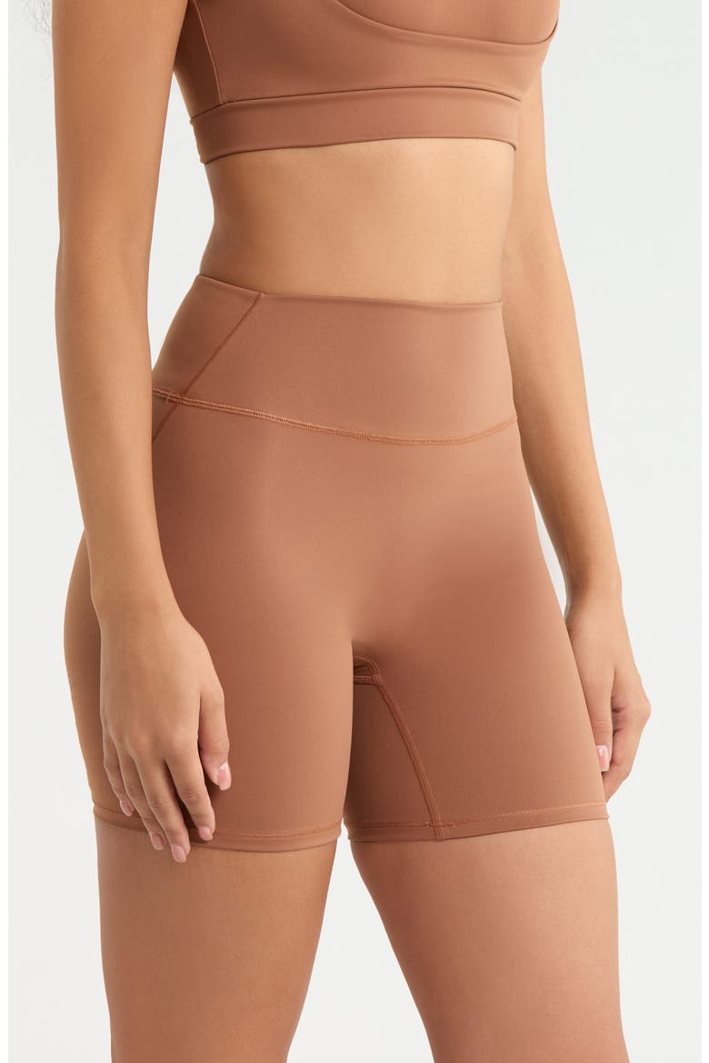 Shine Bonded Waist Bike Shorts, Alternate, color, CAROB