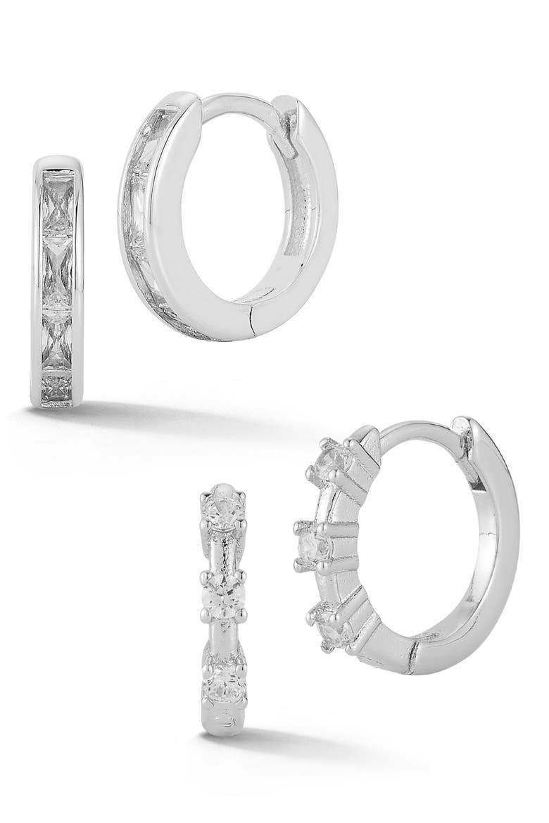 Set of 2 Cubic Zirconia Huggie Hoop Earrings, Main, color, SILVER