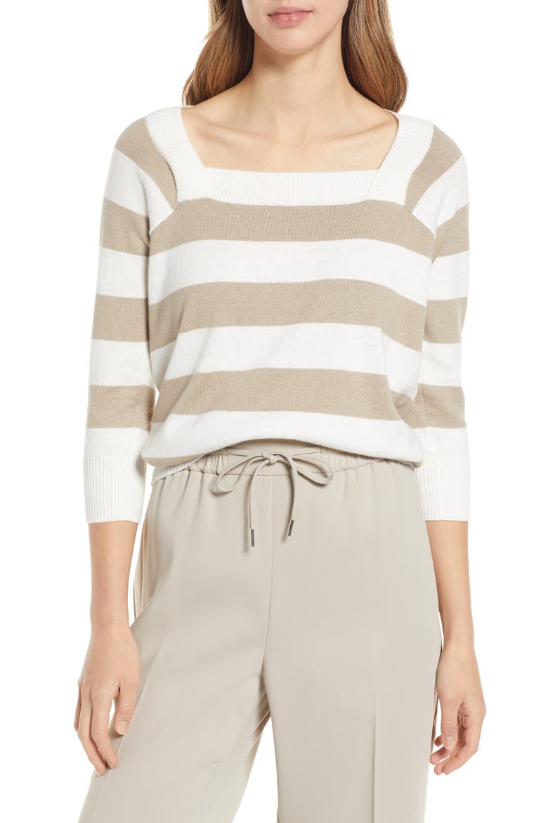Stripe Cotton & Merino Wool Sweater, Main, color, WHITE- TAN COBBLESTONE STRIPE