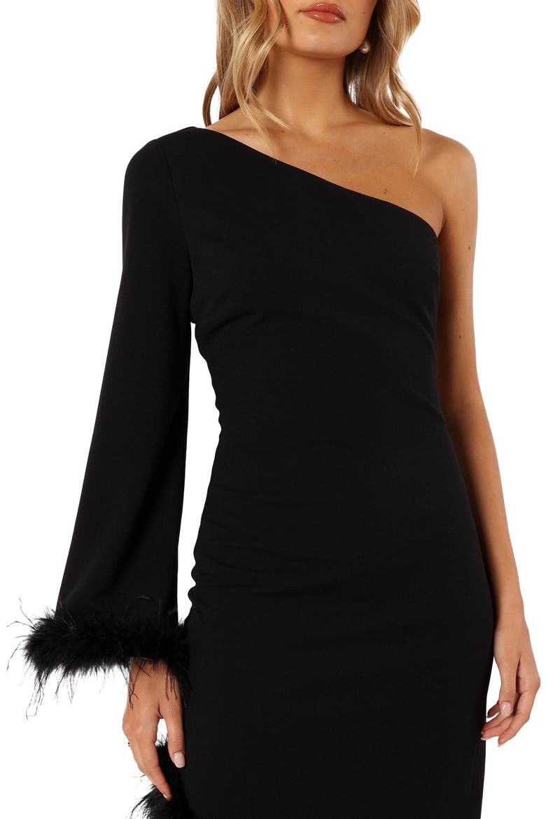 Dame Feather Trim Single Long Sleeve Midi Cocktail Dress, Alternate, color, BLACK