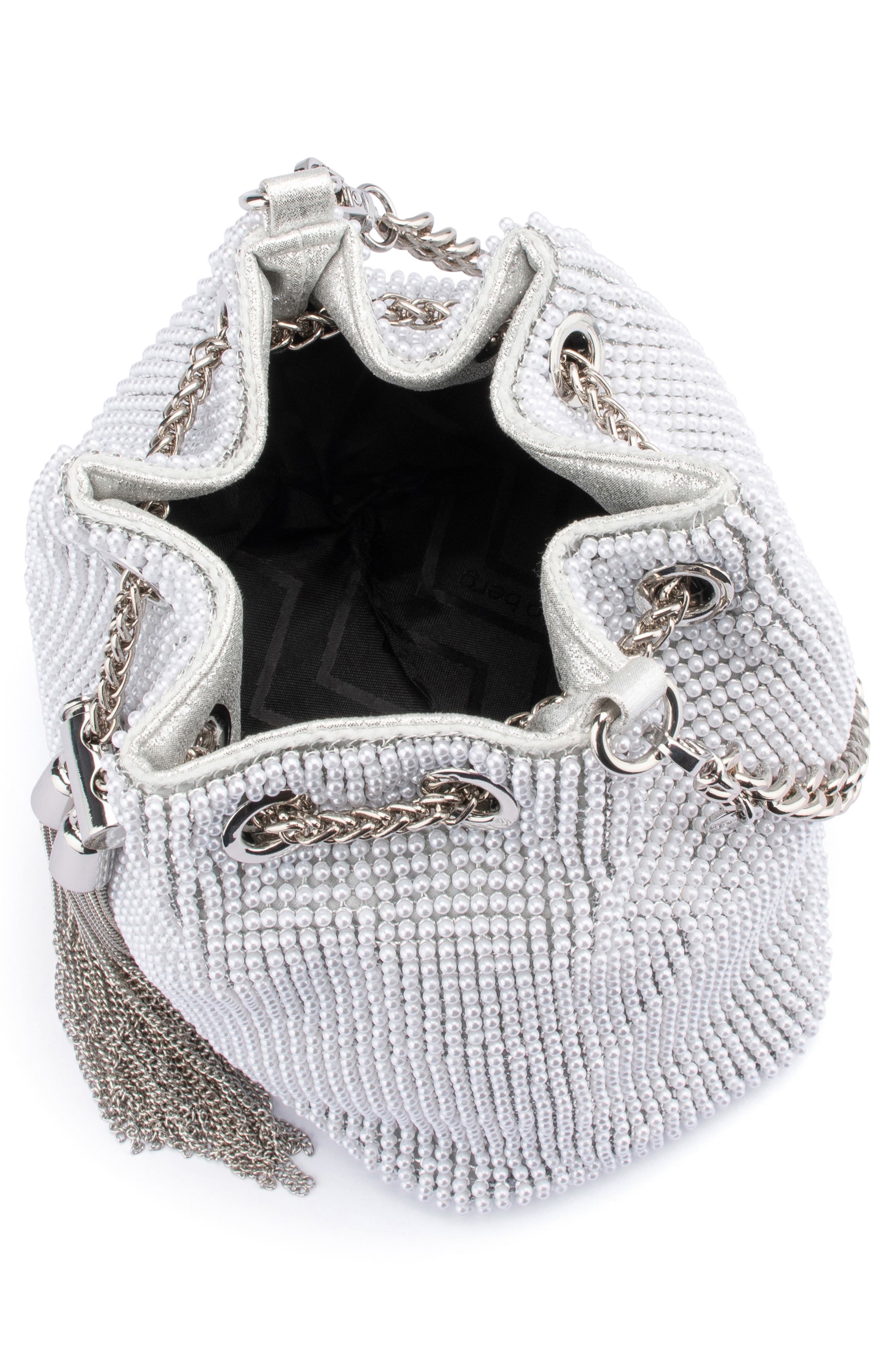 Olga Berg Miranda Drawstring Bucket Bag, Alternate, color, Pearl Silver