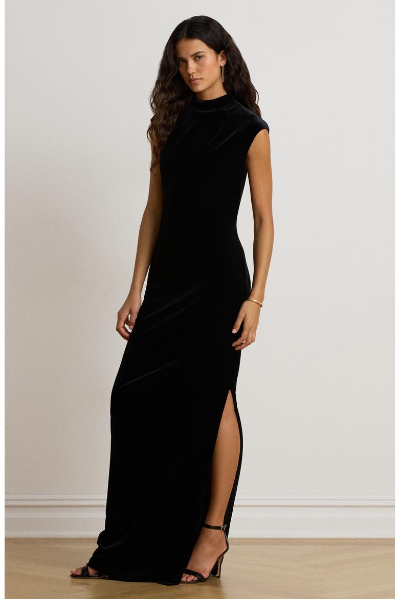 Luxe Velvet Knit Mock Neck Gown, Alternate, color, BLACK VELVET