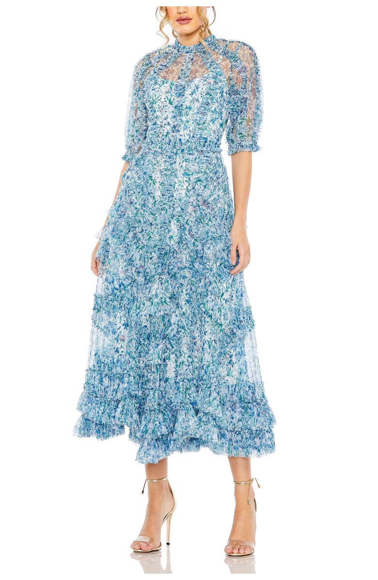 Mac Duggal Puff Sleeve Floral Print Mesh Dress, Main, color, Blue Multi