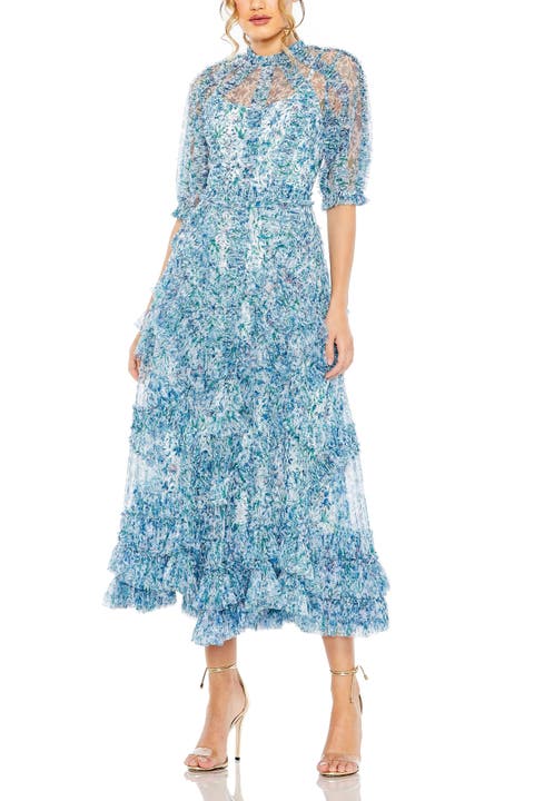 Puff Sleeve Floral Print Mesh Dress