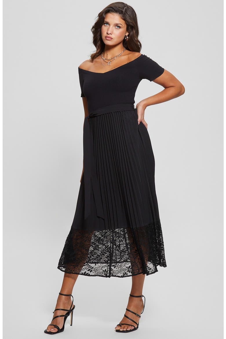 Tiana Off the Shoulder Lace Trim Dress, Alternate, color, JET BLACK