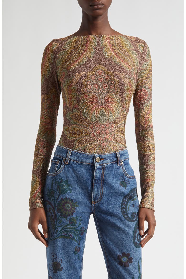 Paisley Metallic Long Sleeve Top, Main, color, PRINT ON BLACK BASE