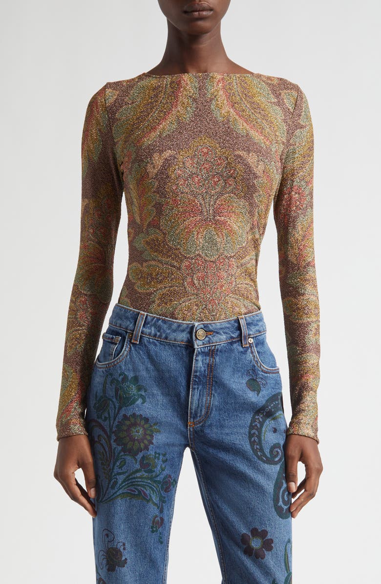 Etro Paisley Metallic Long Sleeve Top, Main, color, Print On Black Base
