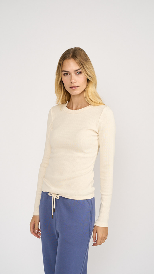Marea Pointelle Long Sleeve Crewneck In White