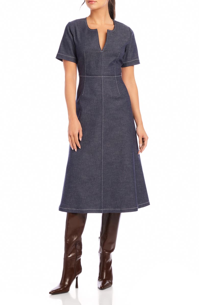 FIFTEEN TWENTY Olivia Contrast Stitch Denim Midi Dress, Main, color,
