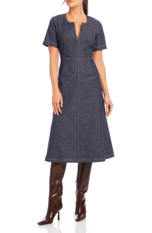 Fifteen Twenty Olivia Contrast Stitch Denim Midi Dress In Navy