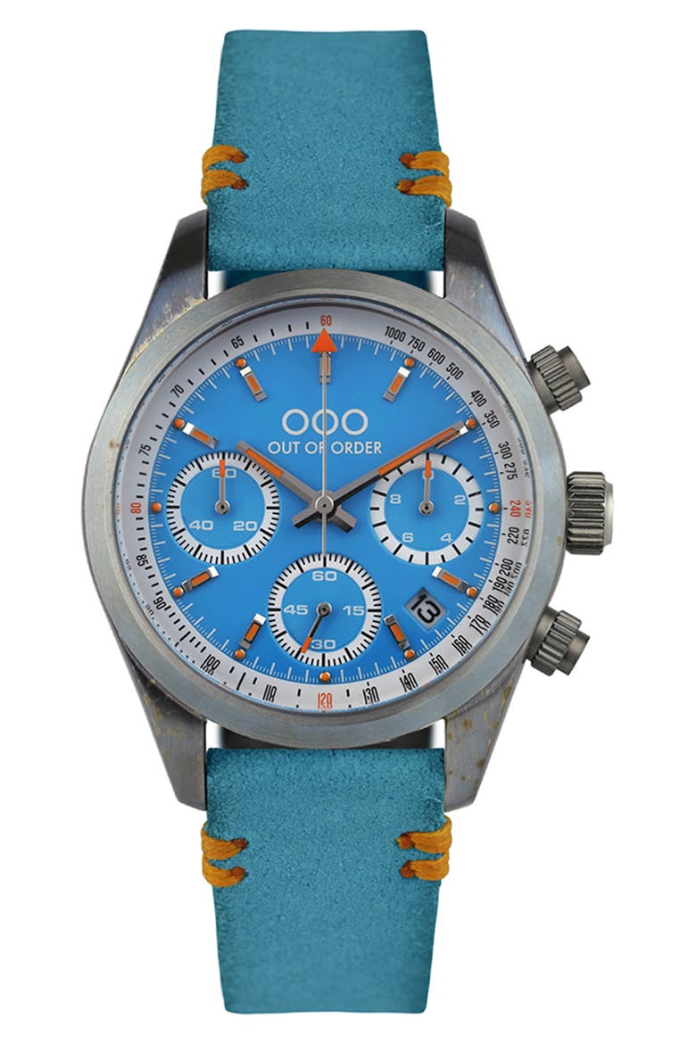 Sporty Cronografo Chronograph Leather Band Watch, 40mm, Main, color, LIGHT BLUE