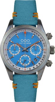 OUT OF ORDER Sporty Cronografo Chronograph Leather Band Watch, 40mm